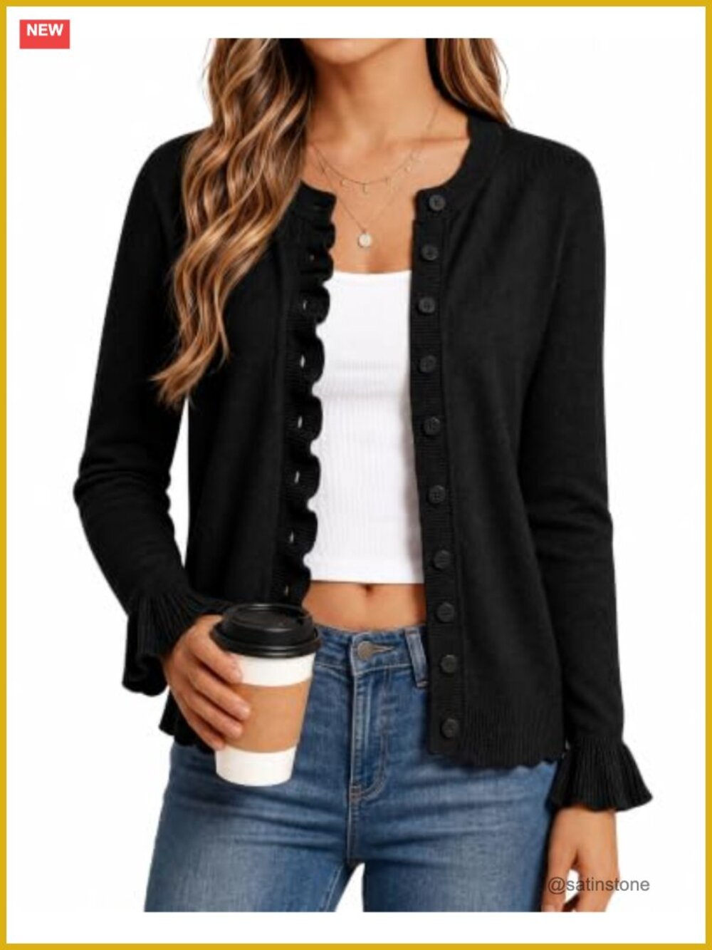 Women's Long Sleeve Knit Cardigan Sweater Crew Neck Button Front Lace Trim Open